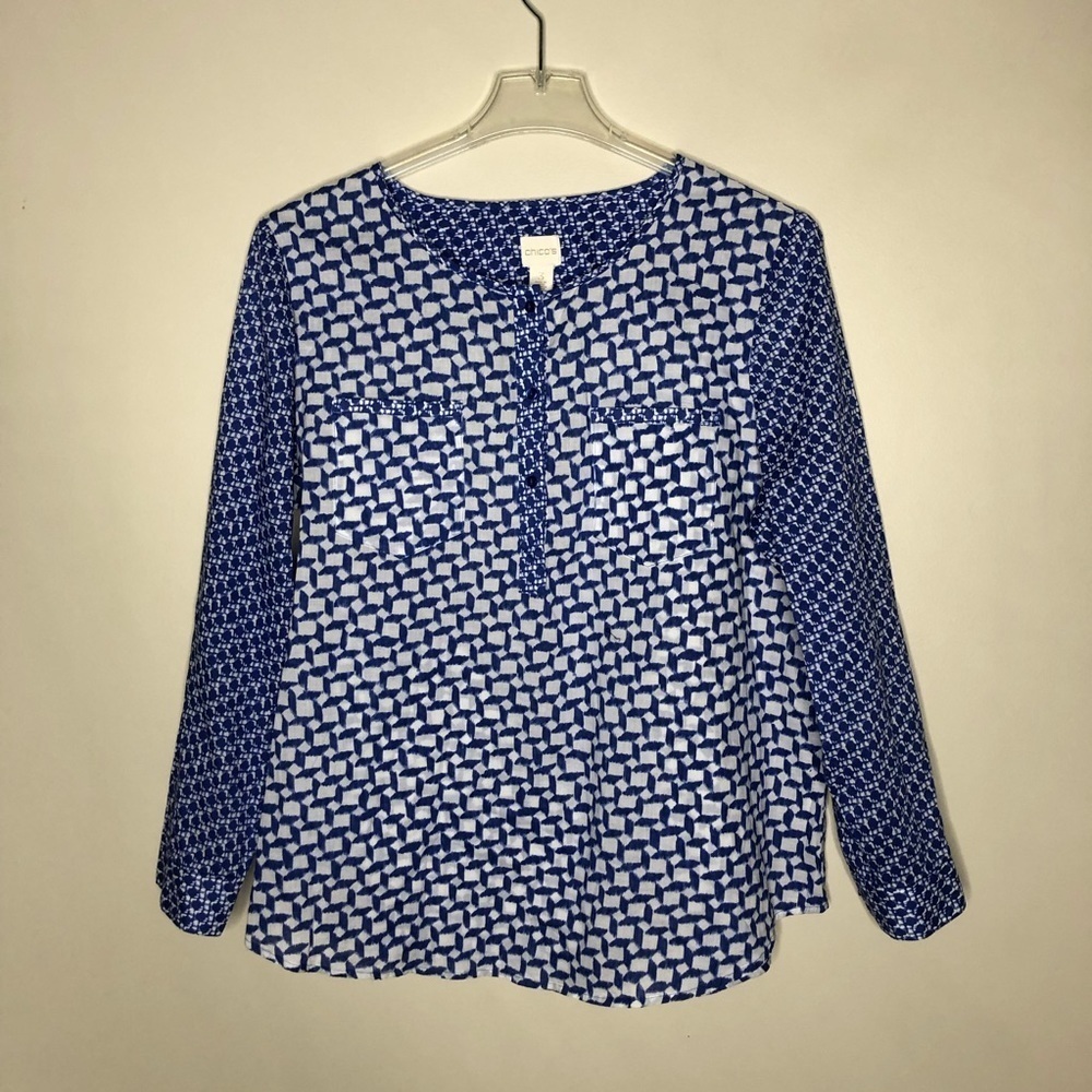 Chico’s Geometric Print Two Shade Long Sleeve Blouse W/Two Pockets SZ 3 (XL)